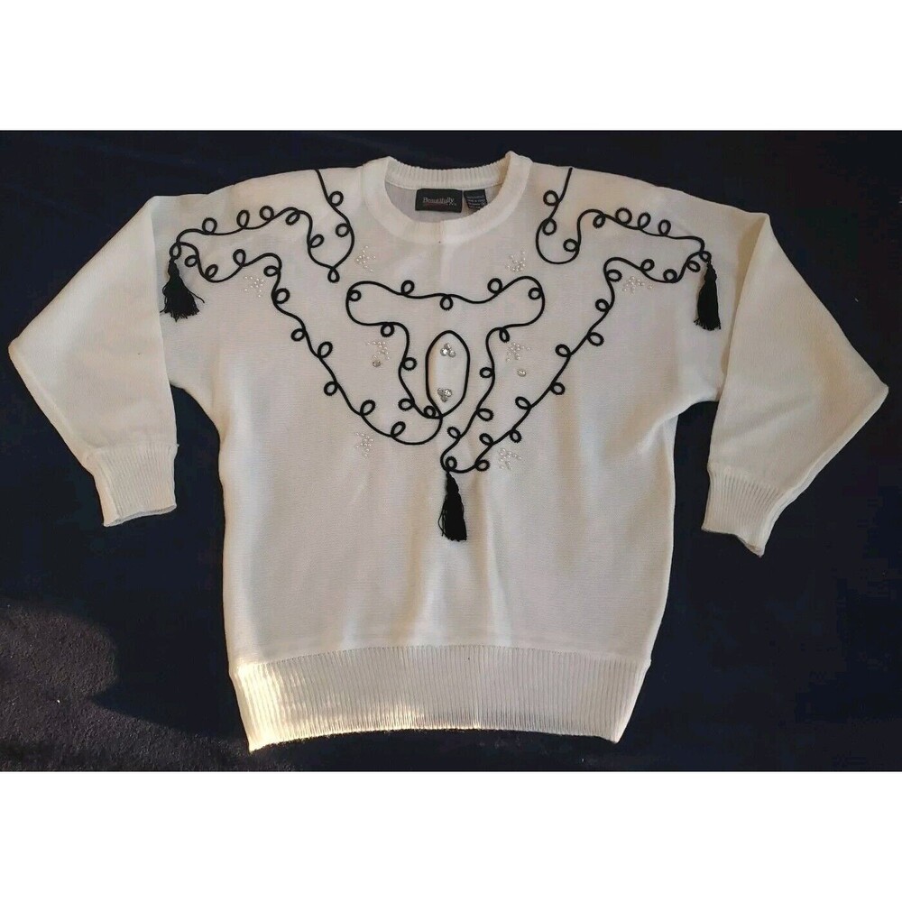 Vintage 1980's Beautifully Mine Ivory Embroidered Beaded Tassels Sweater Size M